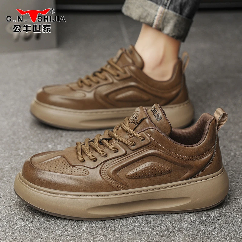 公牛世家男鞋新款春季运动休闲皮鞋增高厚底低帮商务潮流夏季皮鞋