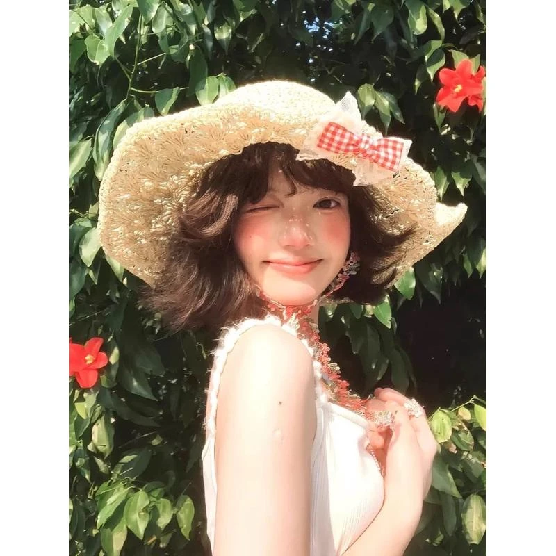田园少女感红格蝴蝶结草帽夏季甜美女生碎花系带镂空大檐防晒帽子