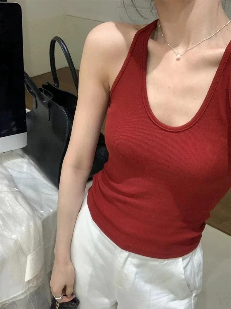 带胸垫螺纹U领挂脖工字吊带背心女舒适性感遮副乳