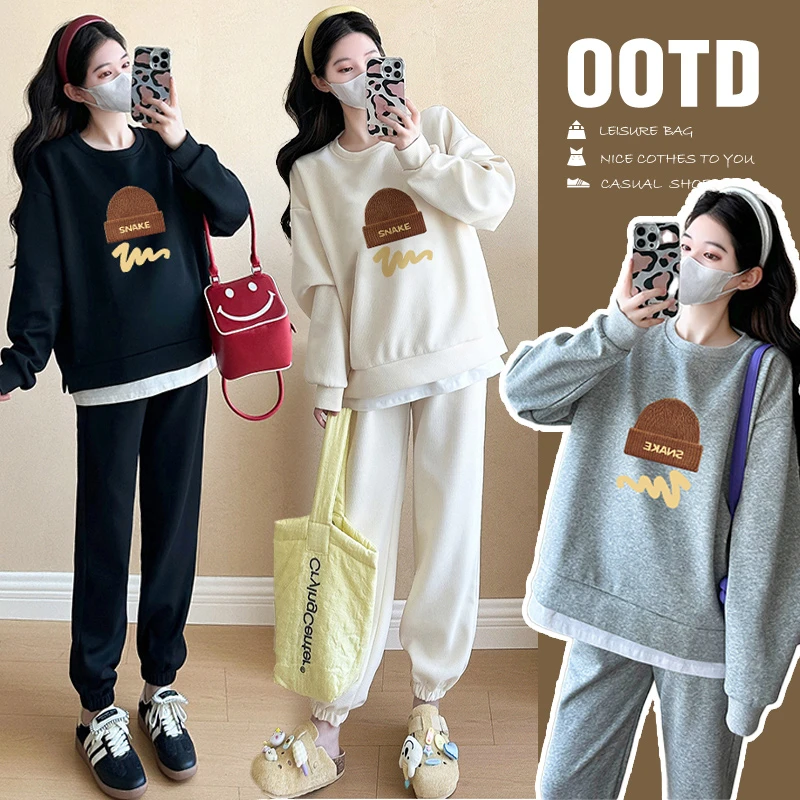 孕妇卫衣套装春秋季2025新款假两件上衣宽松休闲洋气减龄孕妇春装