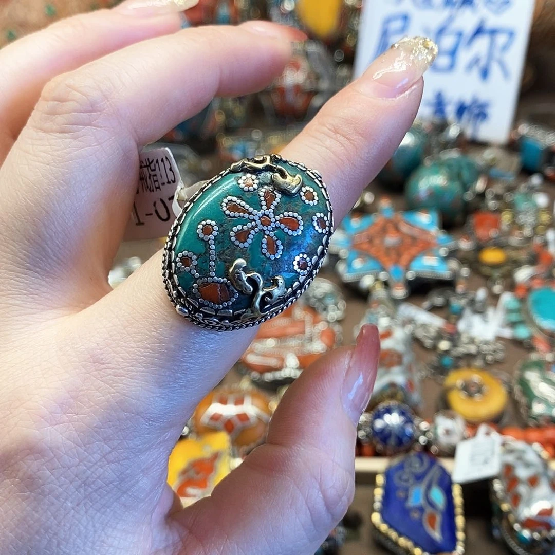 银S925镶嵌绿松石戒指八宝尼藏直播间