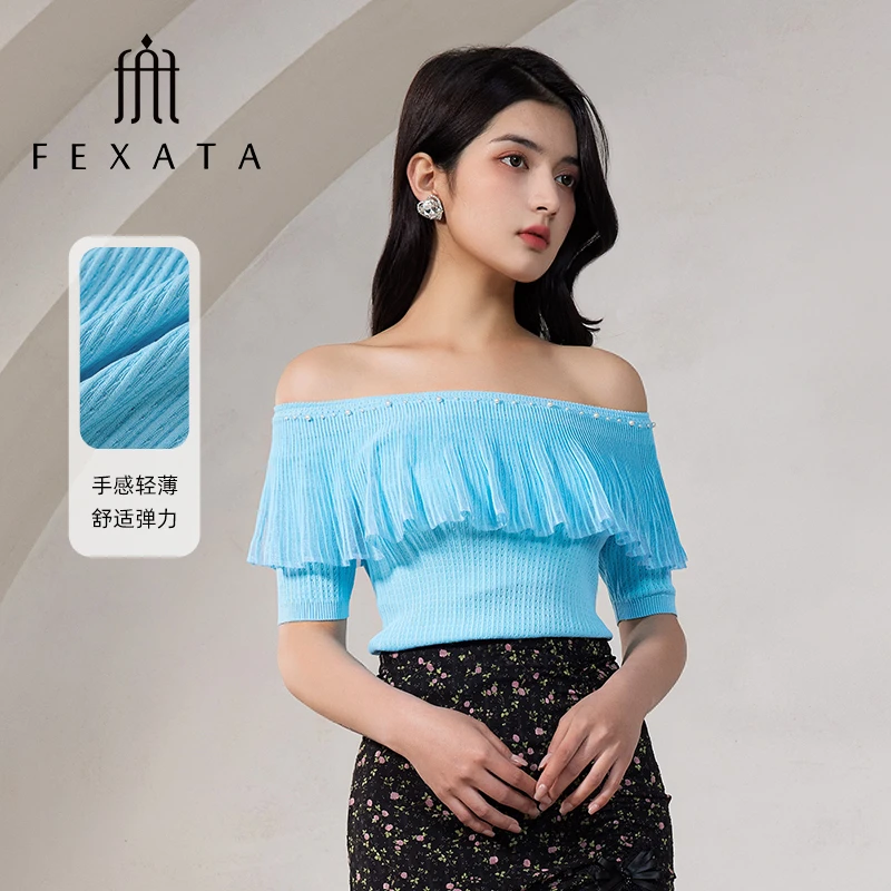 【黄蓉推荐】FEXATA斐格思上衣女浪漫性感一字肩针织衫女