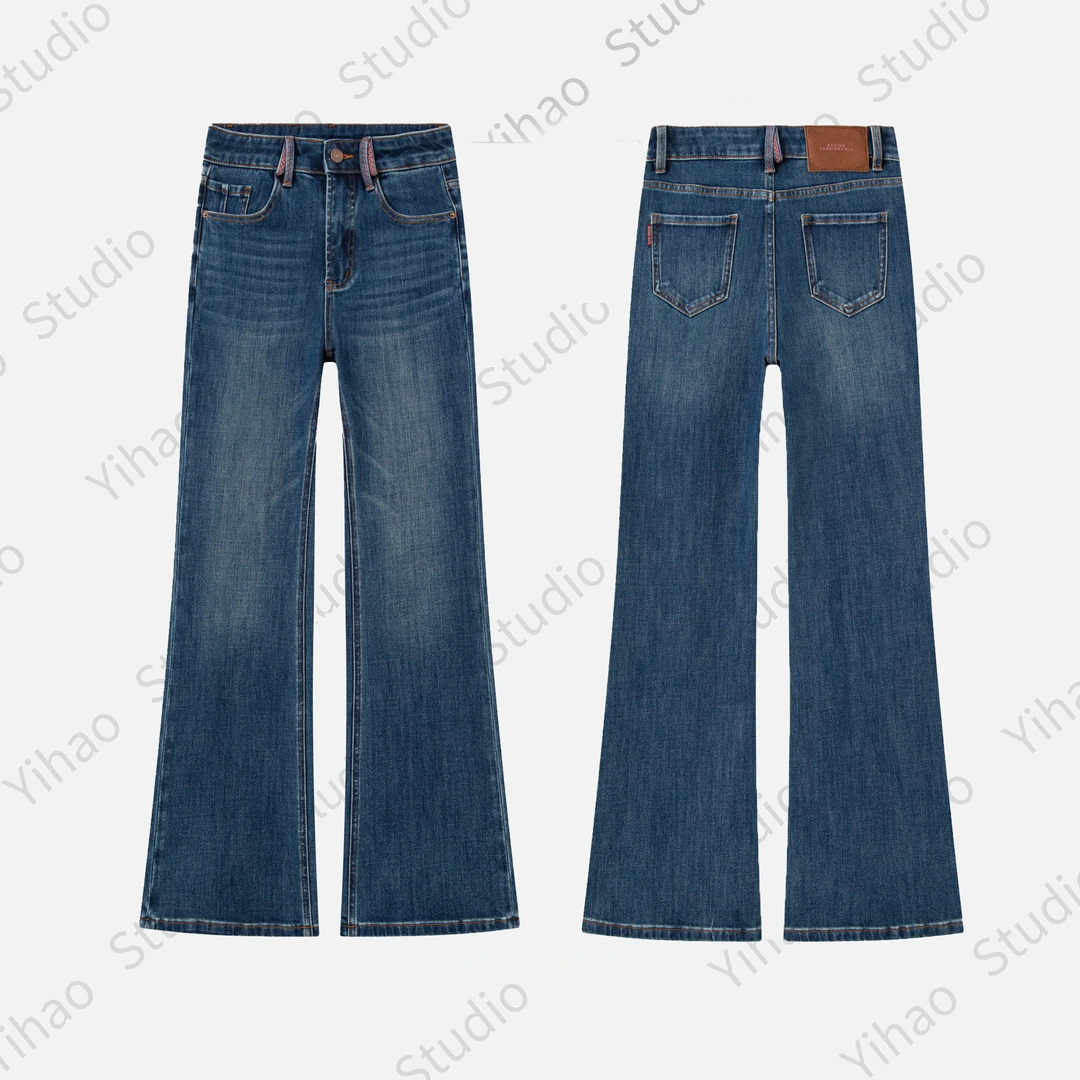 巴黎蓝高端牛仔裤女定制四面弹直筒喇叭裤秋冬高腰显瘦百搭裤子
