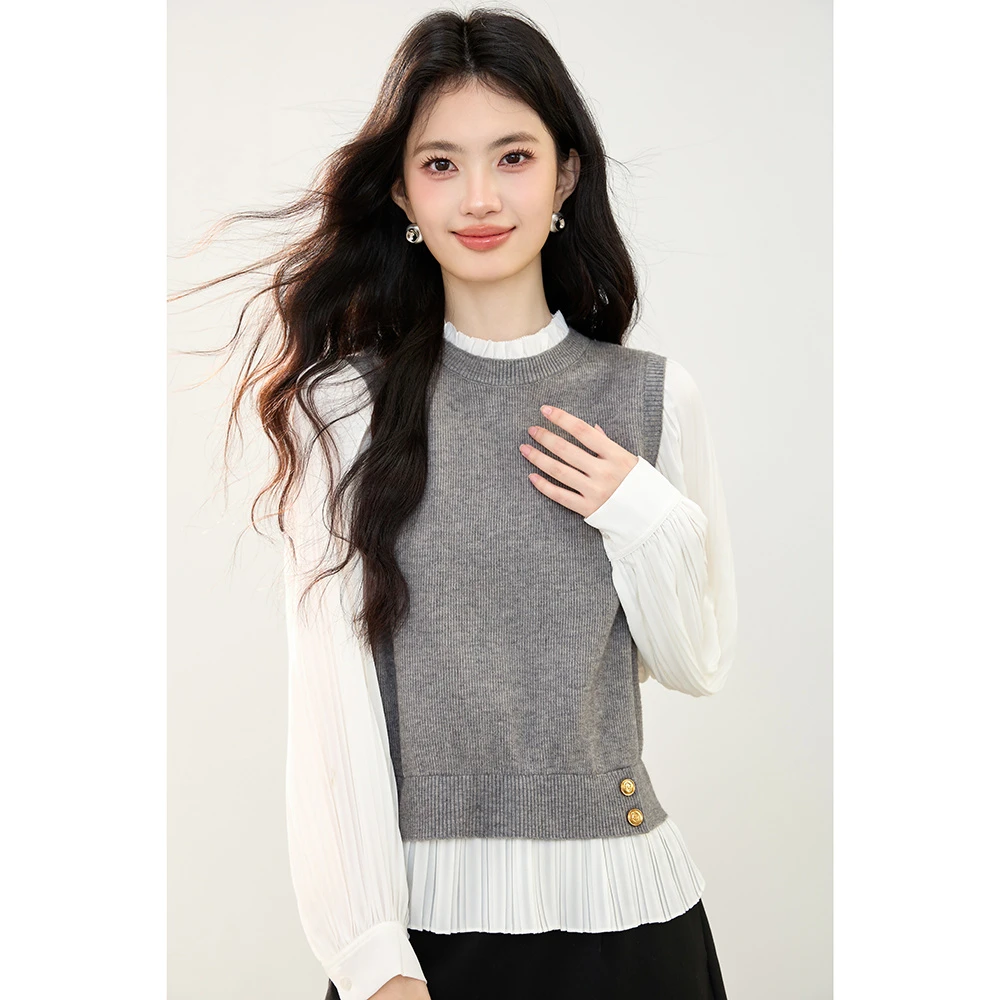 秋季新款韩版气质显瘦立领木耳边针织拼接假两件雪纺上衣