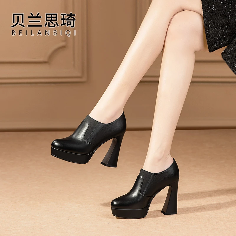 真皮圆头厚底深口粗跟单鞋女2025春秋季百搭新款防水台高跟鞋6713