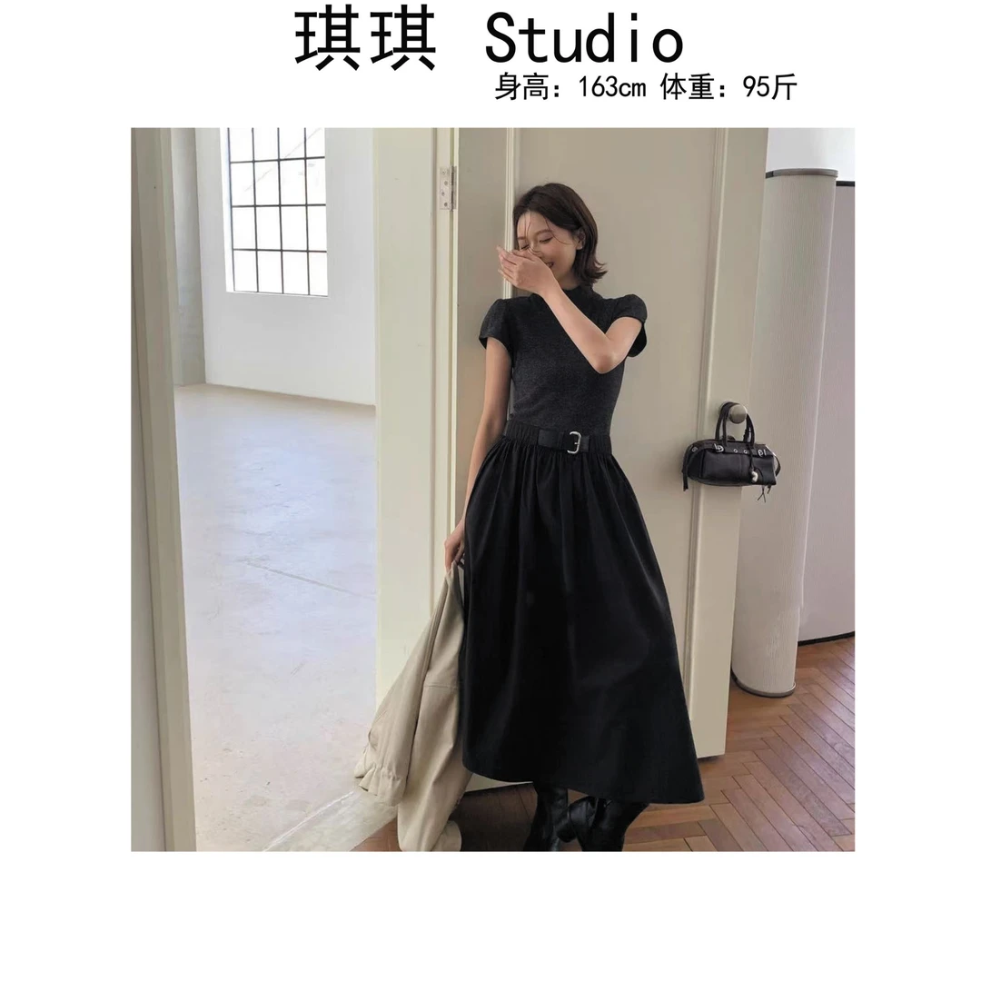 《琪琪家》早秋新款轻奢高级感带腰带显瘦减龄百搭连衣裙1808-CS