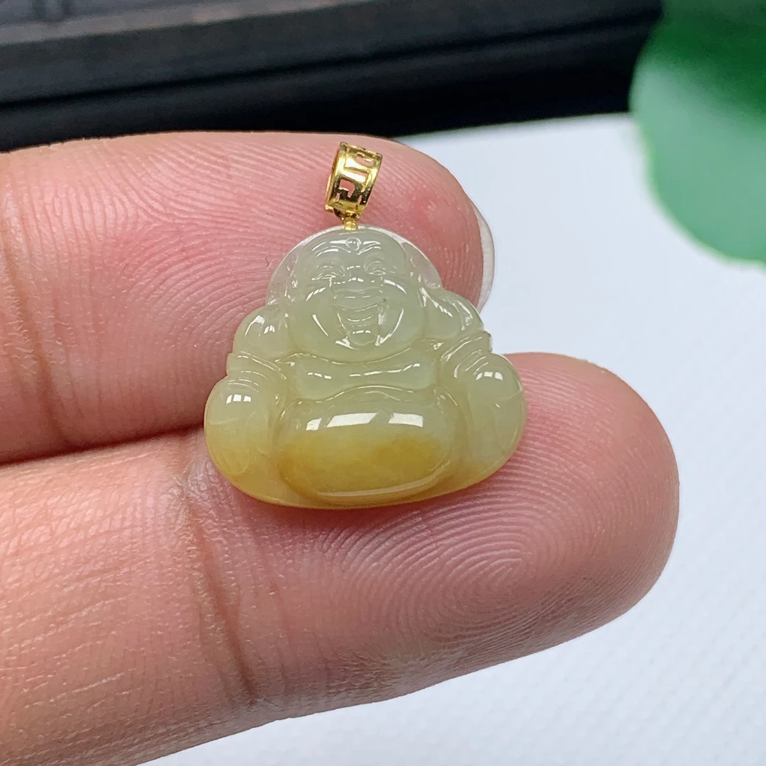 天然翡翠A货18K金扣精美飘黄翡佛公吊坠尺寸15.2*17.2*4mm