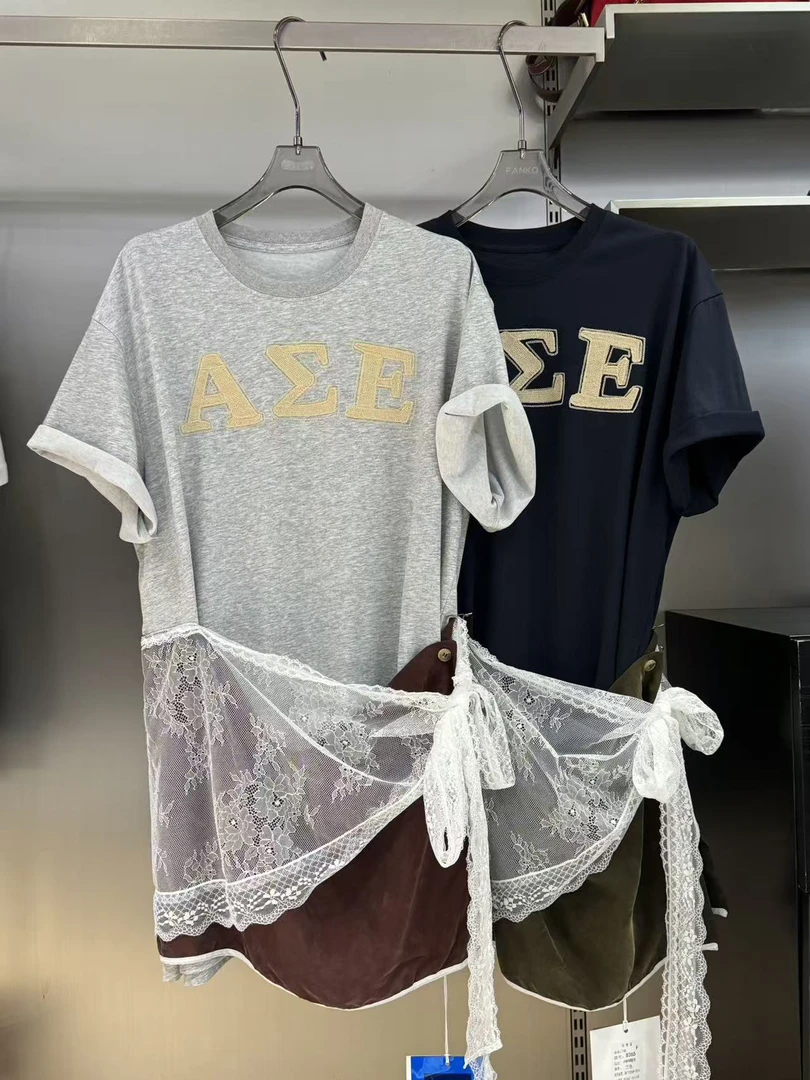 小北夏季新款字母刺绣拼接皮帘短袖T恤连衣裙