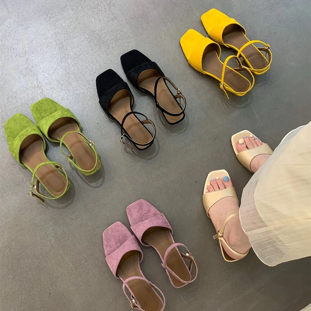 MUSI典雅坡跟方头凉鞋高级感复古简约绒面低跟露趾高跟罗马鞋女鞋