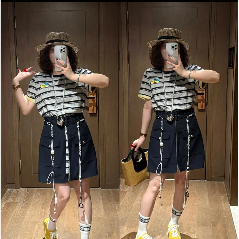 YDFSTUDIO小众【首尔女神】欧货高品条纹假两件连体半裙设计连衣裙