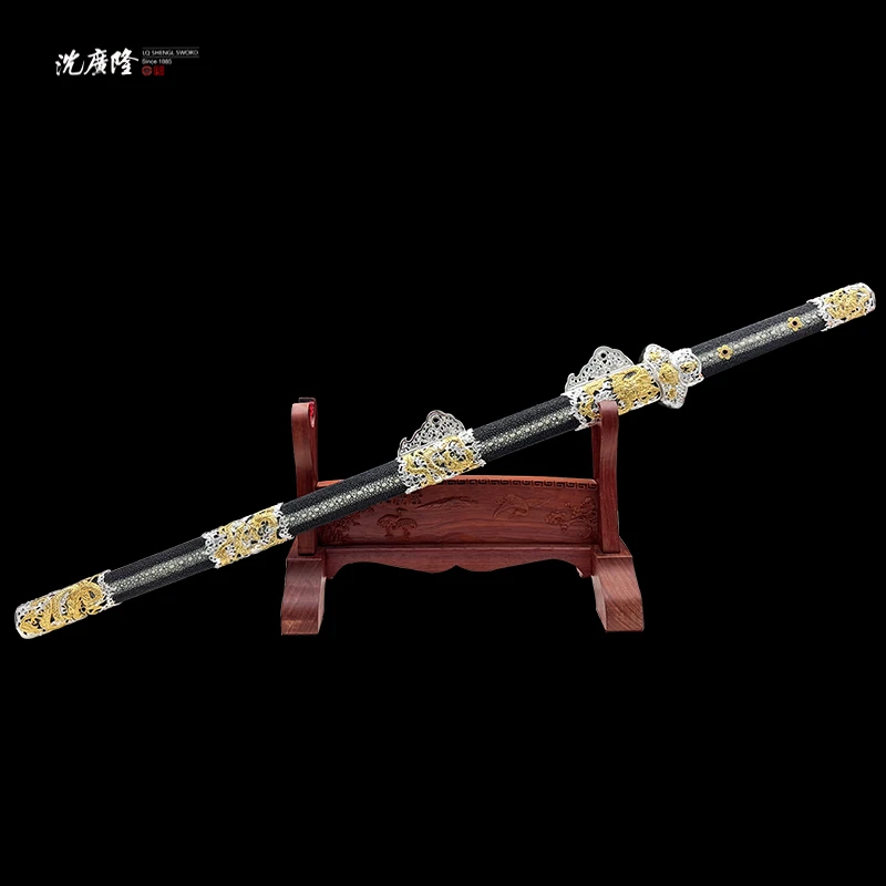 龙泉沈广隆-傲龙唐刀 陨铁 黄铜镀金银 鱼皮 宝剑 未开刃