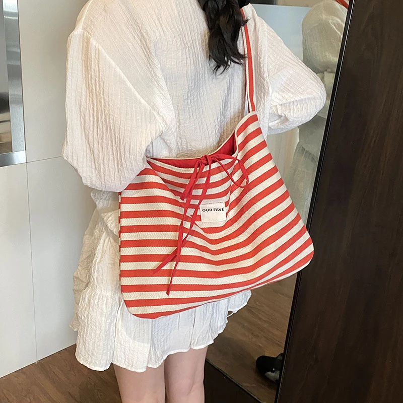 双面条纹帆布包包女2025新款韩系百搭托特包休闲时尚大容量单肩包