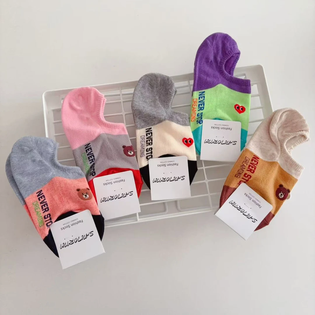 韩国卡通袜子春夏潮流撞色爱心小熊船袜浅口低帮防掉跟青春少女袜