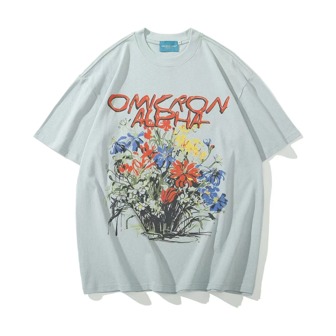 壹三三 夏日海盐洗水T做旧花束美式复古百搭短袖夏情侣印花