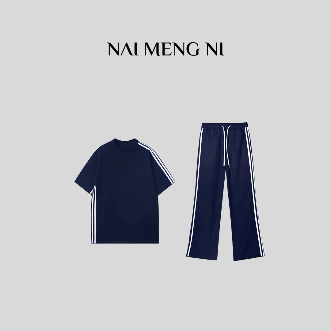 【齐齐定制】【深夏】新款丝光棉百搭简约宽松条纹时尚套装 25N79178