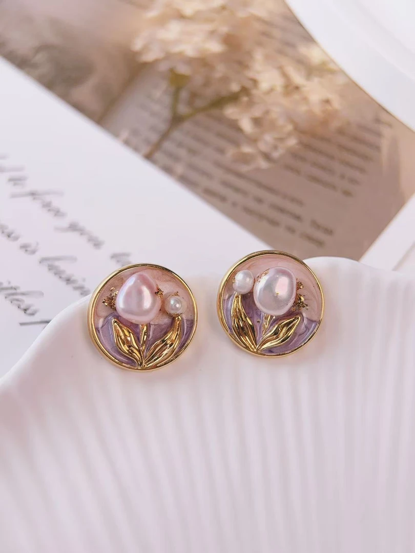 铜合金耳饰  油画风圆形滴油设计耳环小众耳饰法式珍珠花朵耳钉