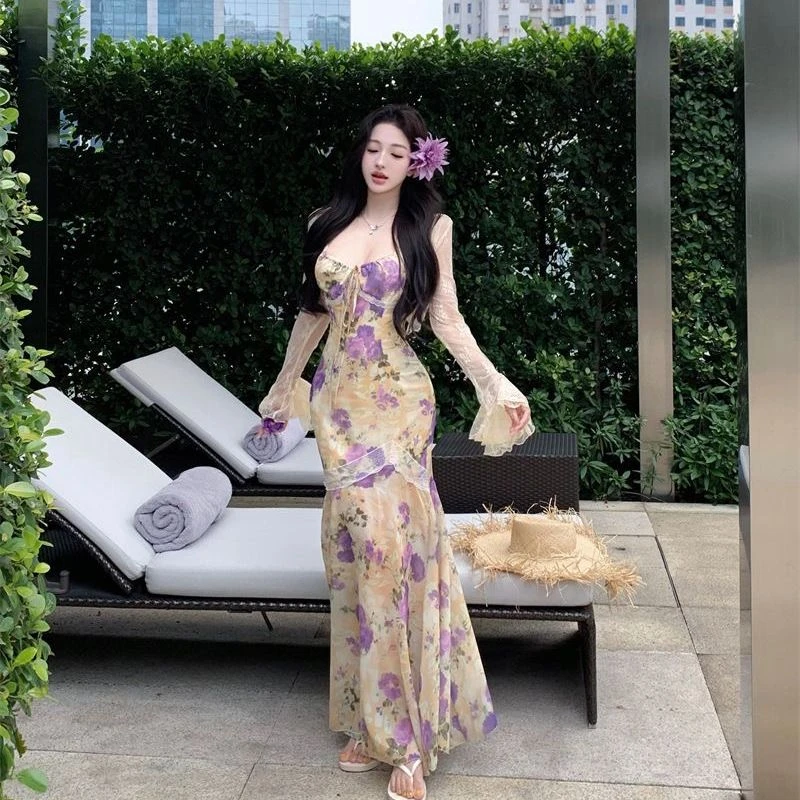 2025早春新品高级感法式温柔碎花吊带连衣裙外搭小开衫时尚两件套