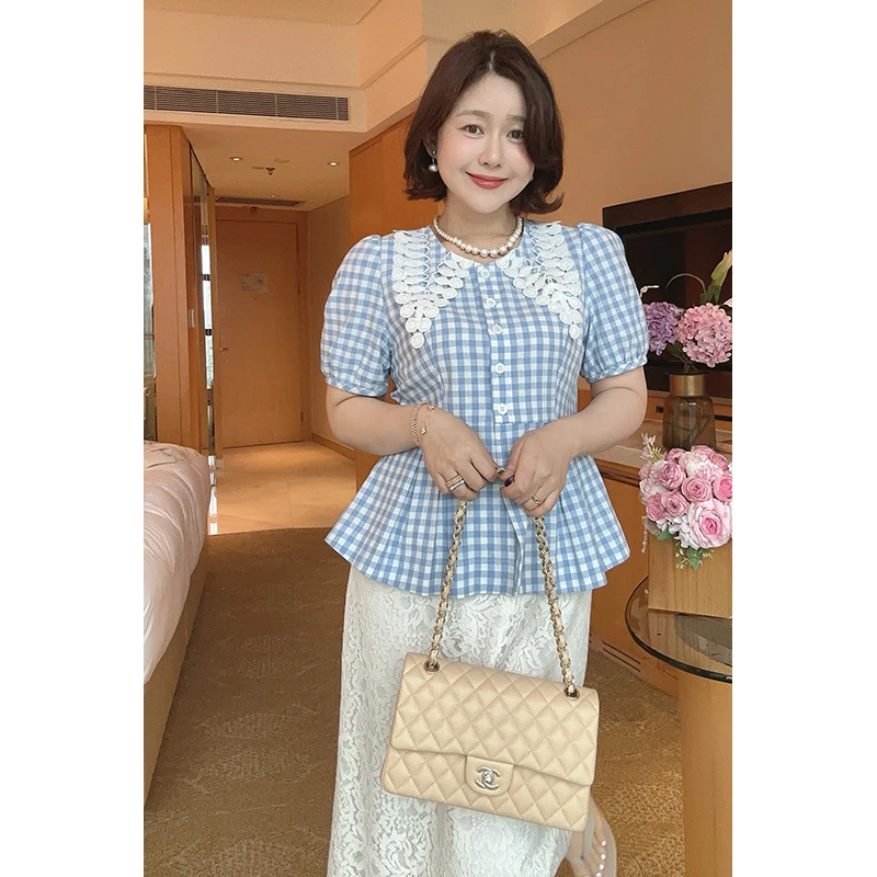 【智雅微胖定制】【碧蓝海盐】夏季百搭显瘦收腰蕾丝衬衫Z525C09791