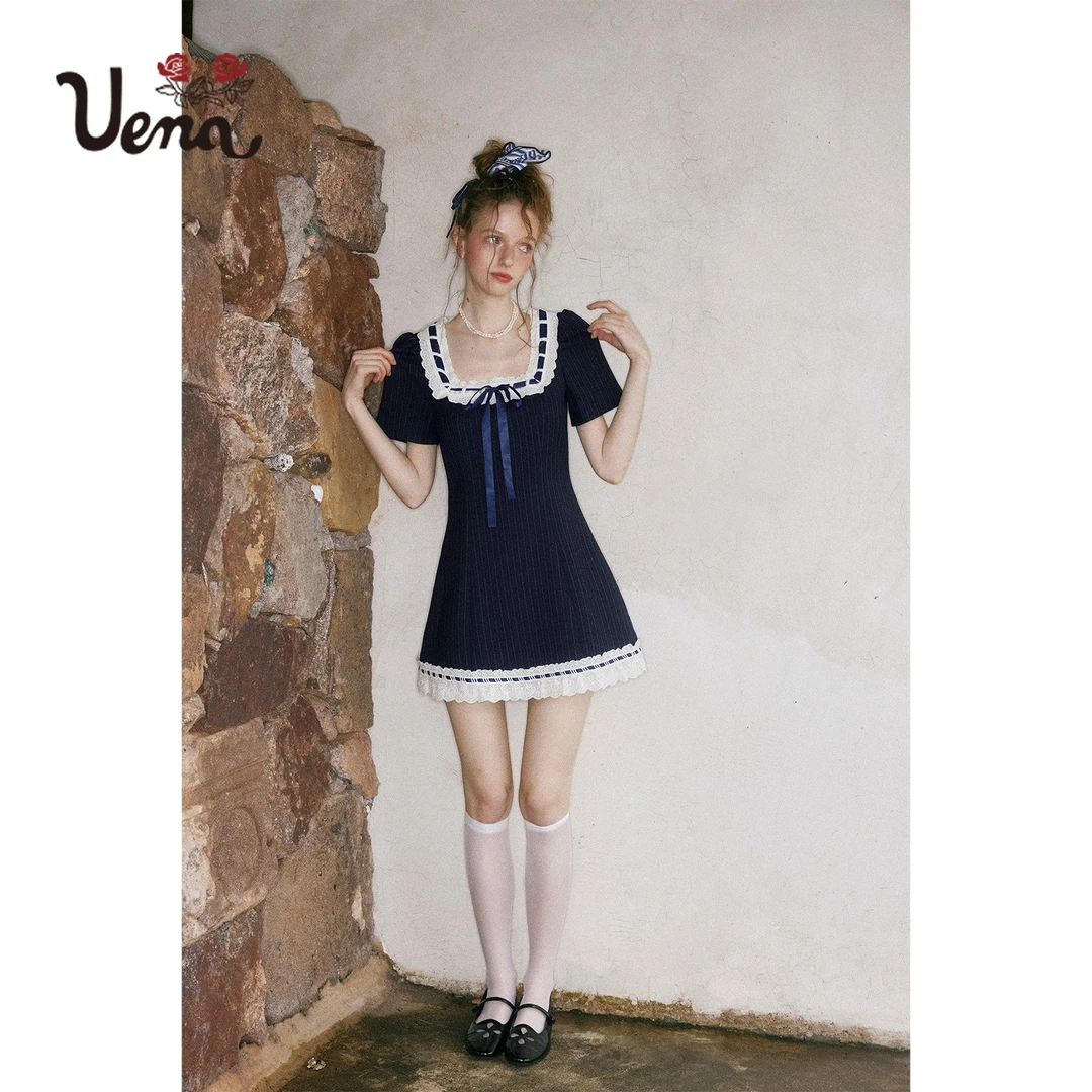 【鲸落星野】Uena藏青色条纹蕾丝花边方领泡泡袖A字收腰连衣裙女