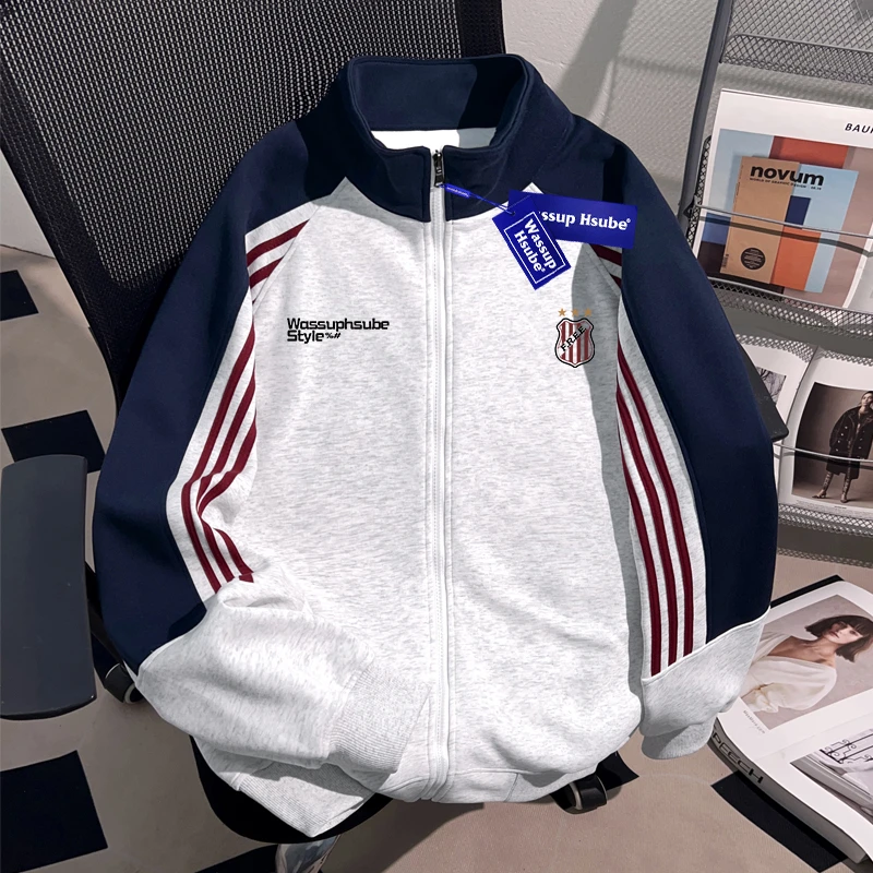 WASSUP HSUBE设计感潮酷宽松男士卫衣美式重磅开衫立领外套棒球服