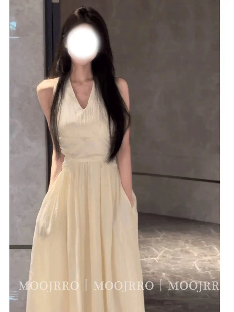 法式V领无袖连衣裙女夏季纯欲高级感气质收腰显瘦小个子a字长裙子