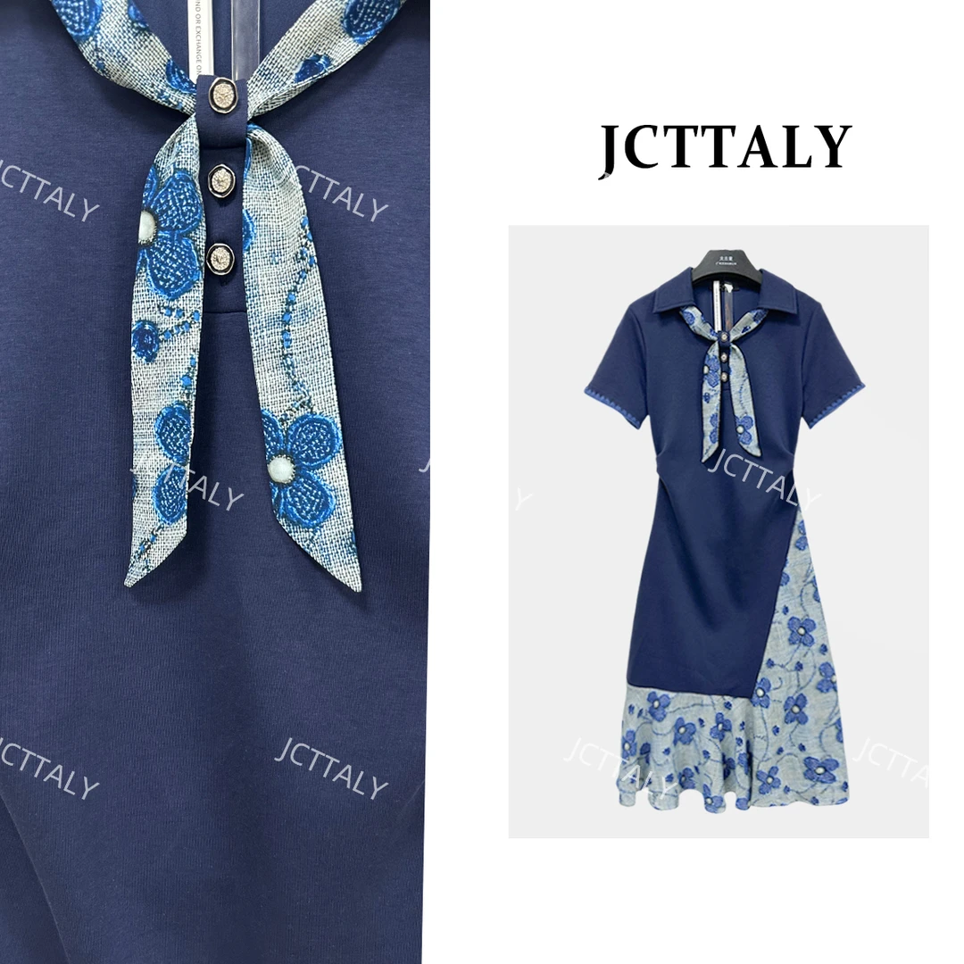 【Linda】【99】拼接蓝色领带韩版女装轻奢修身短袖连衣裙NH-A200