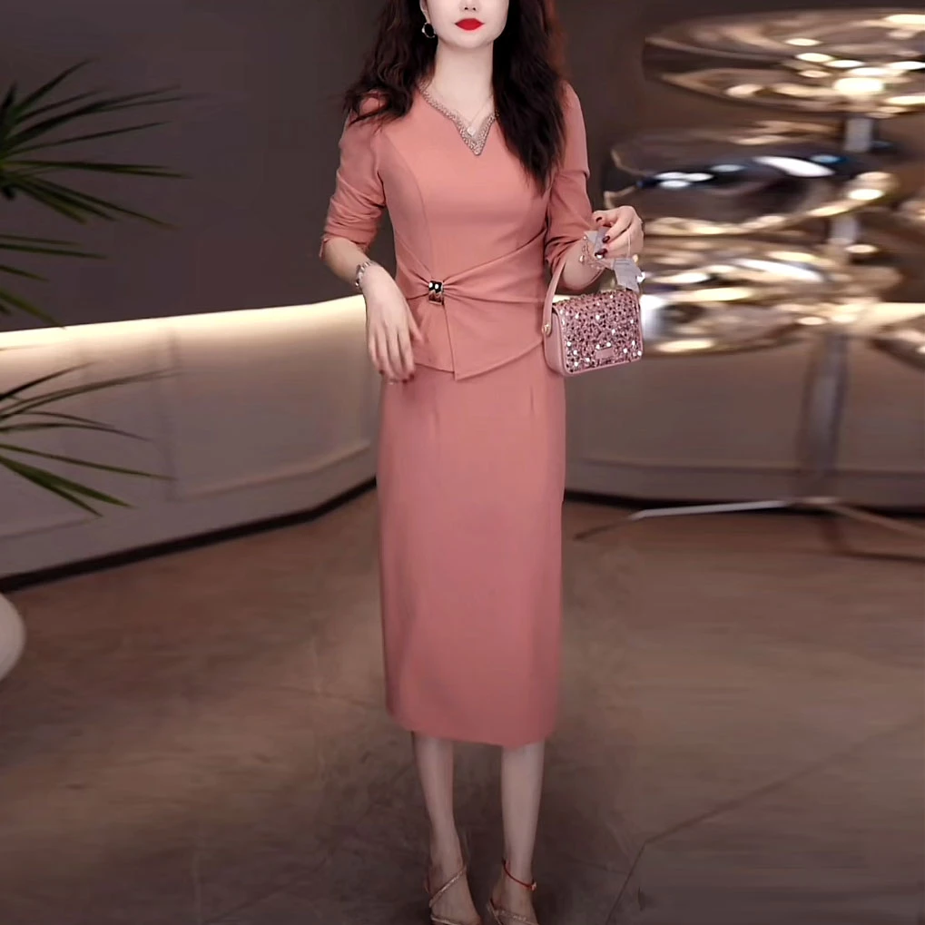 TR西装面料气质轻奢减龄假两件礼服裙2025秋季新款修身百搭连衣裙