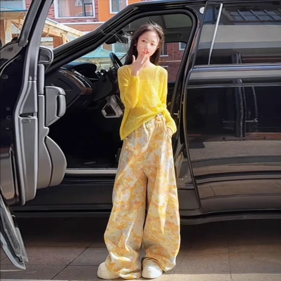 女童2025显瘦时尚宽松黄色镂空针织衫打底吊带背心叠穿上衣中大童