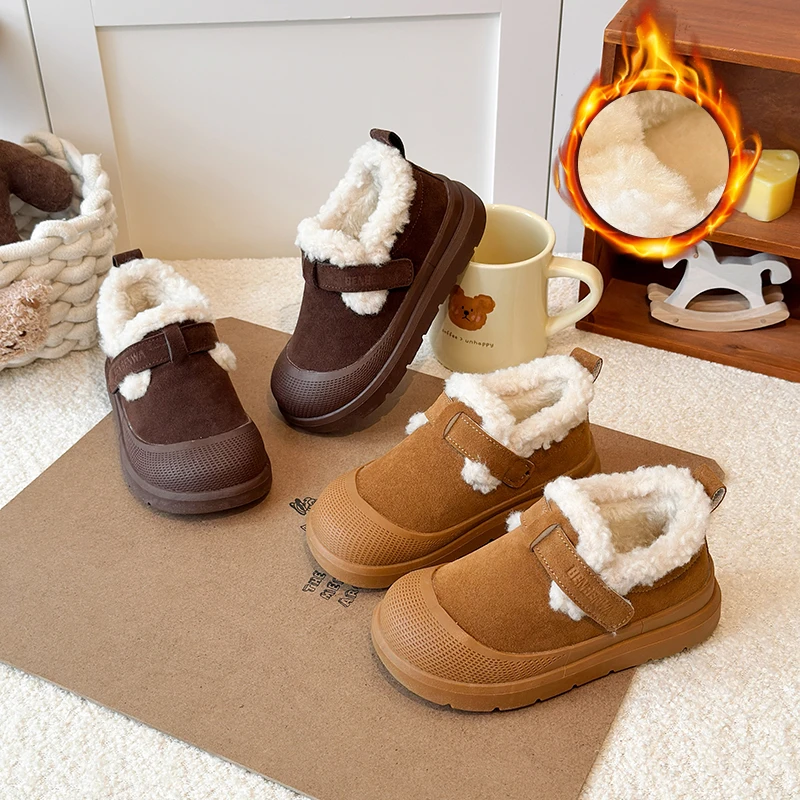 2025冬季新款韩版儿童棉鞋女童雪地靴磨砂男童加绒加厚短靴大棉鞋