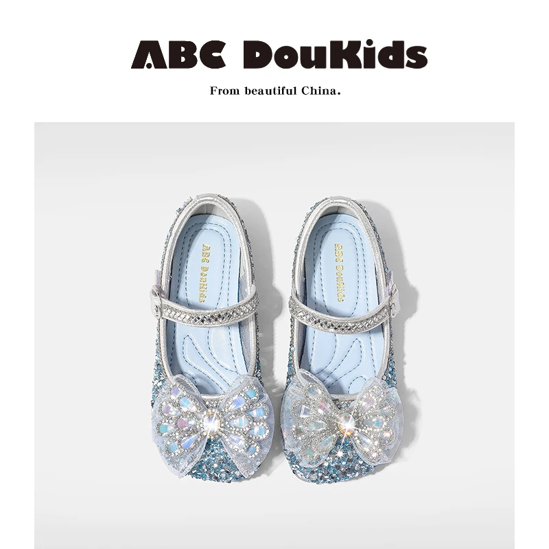 ABC Doukids2025春季新款儿童女童皮鞋闪亮水钻公主鞋软底宝宝鞋