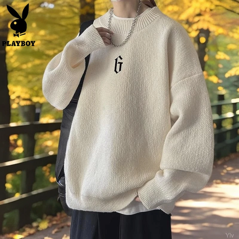 花花公子保暖毛衣半高领打底衫毛线衣慵懒风针织衫男款宽松秋冬季
