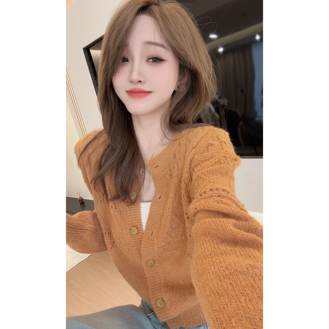 【CHEN】洋气女人味镂空毛衣慵懒宽松长袖针织开衫25021104