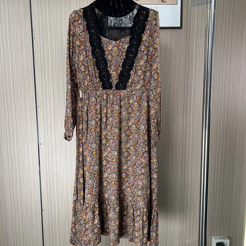 8163欧货熙家品牌撤柜女装春秋新款时尚气质拼接蕾丝长款连衣裙