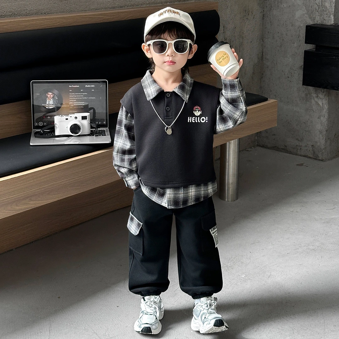 男童秋装套装2025新款韩版宝宝假两件上衣洋气儿童春秋款休闲衣服