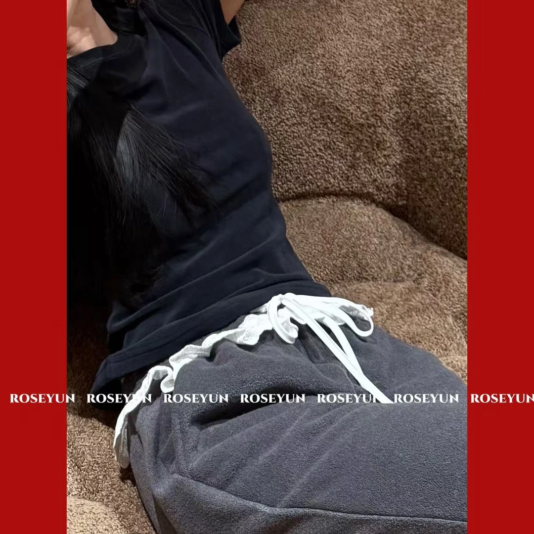 【Rose Yun】刺绣花边蕾丝高级灰直筒休闲裤  JY125023