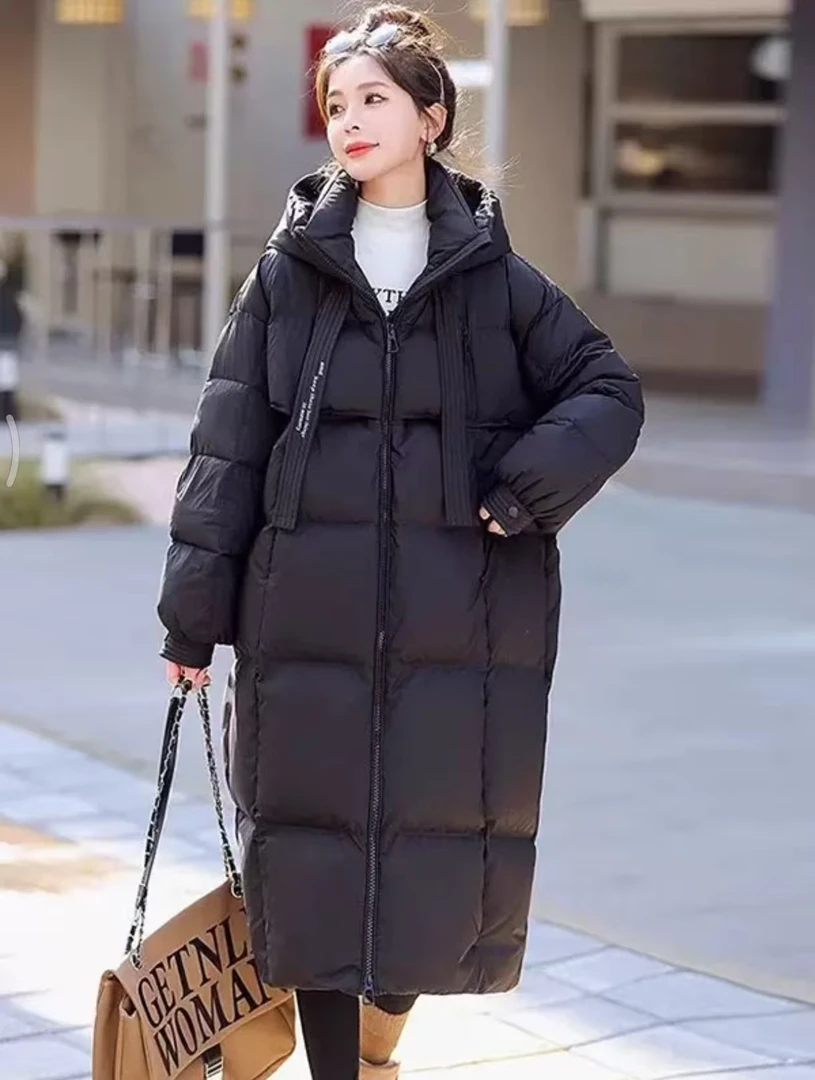 宽松连帽羽绒棉服女士长款韩版高级感冬季飘带棉衣面包服538-2