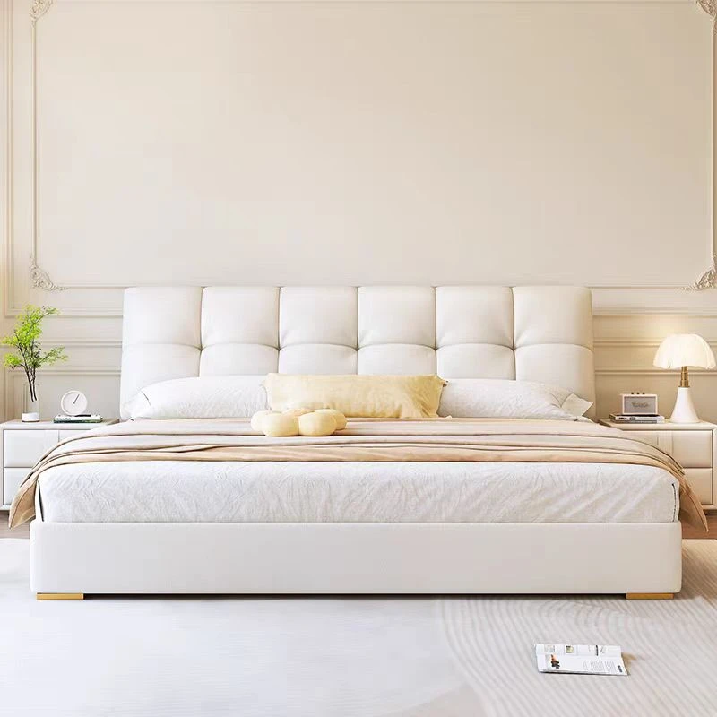 框架结构【小泡芙】 真皮奶油风落地主卧大床#825双人法式靠包