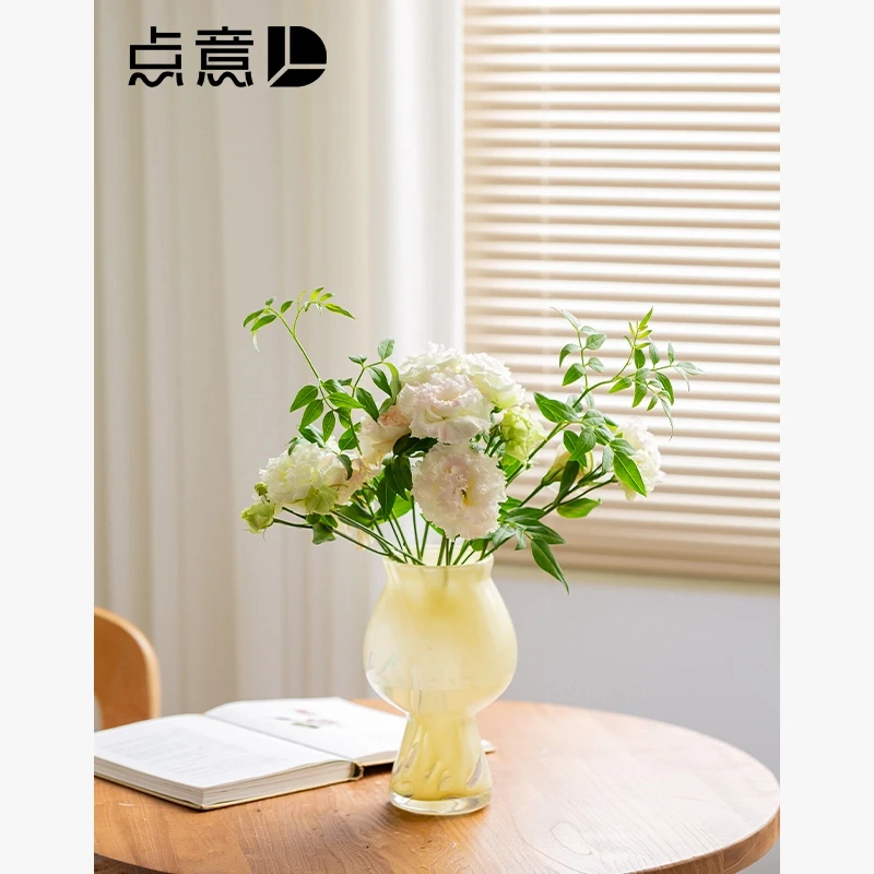 琉璃花瓶摆件客厅插花轻奢高级感奶黄玻璃水培绿植水养鲜花ins风