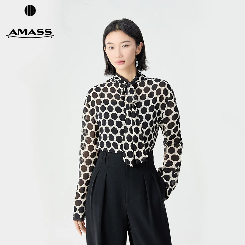 阿玛施AMASS新款时尚女装休闲百搭优雅气质透纱波点衬衫女5301012