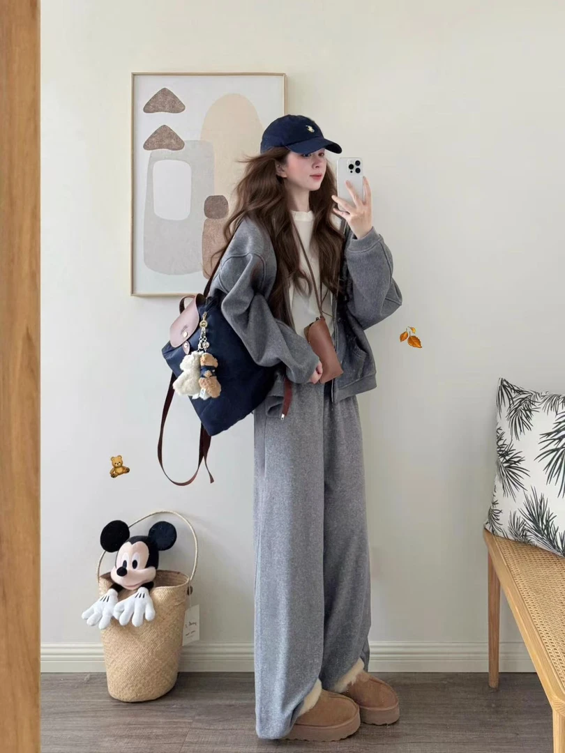 巨好看的韩系早秋ootd穿搭一整套休闲运动连帽卫衣阔腿裤两件套装