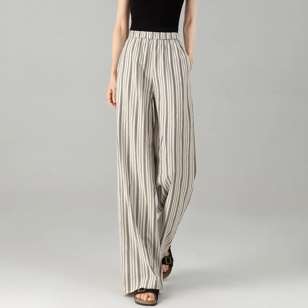 条纹直筒休闲裤2025新款夏季薄款棉麻裤子宽松bf慵懒风亚麻阔腿裤