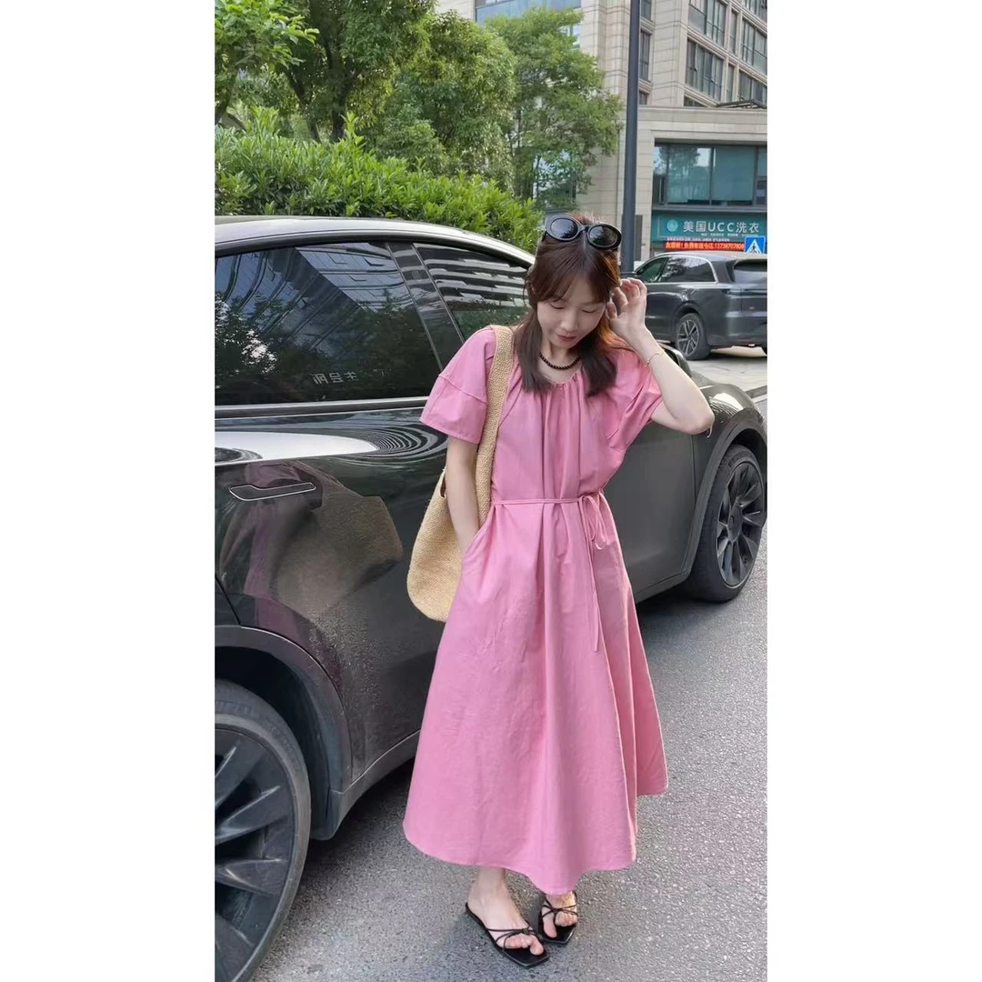 Qiong Qiong 玫红色设计感亚麻系带显瘦气质泡泡袖连衣裙