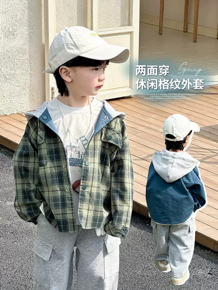 拉萨发货 儿童男女双面穿秋连帽外套潮刺绣绿格子休闲外穿上衣