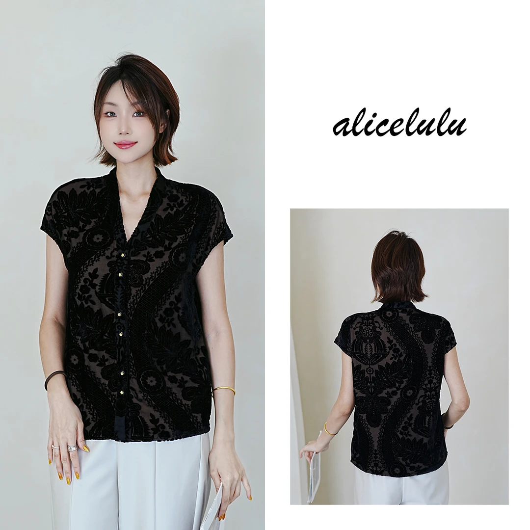 [alicelulu]蕾丝拼接国风V领气质衬衫暗纹提花百搭S2143971L