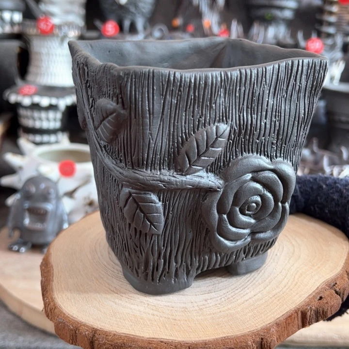 紫砂花盆手捏盆微小手工痕迹，内口10外高12