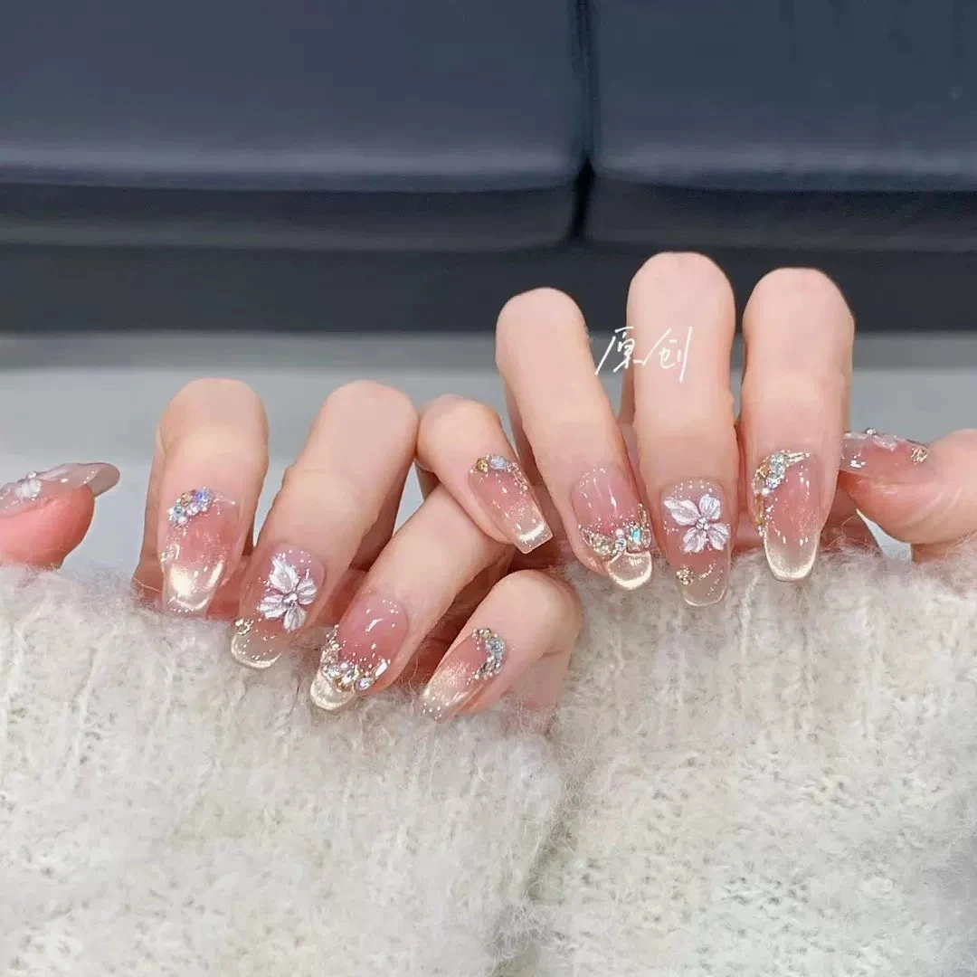 【花瓣月影2.0】纯手工穿戴甲猫眼烟花美甲贴片可拆卸指甲贴片