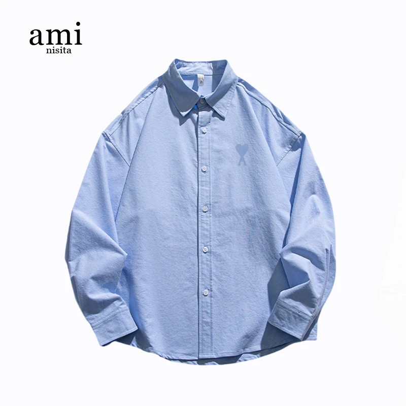 AMI NISITA宽松休闲衬衫男女潮牌轻奢刺绣同色爱心纯棉透气衬衣男