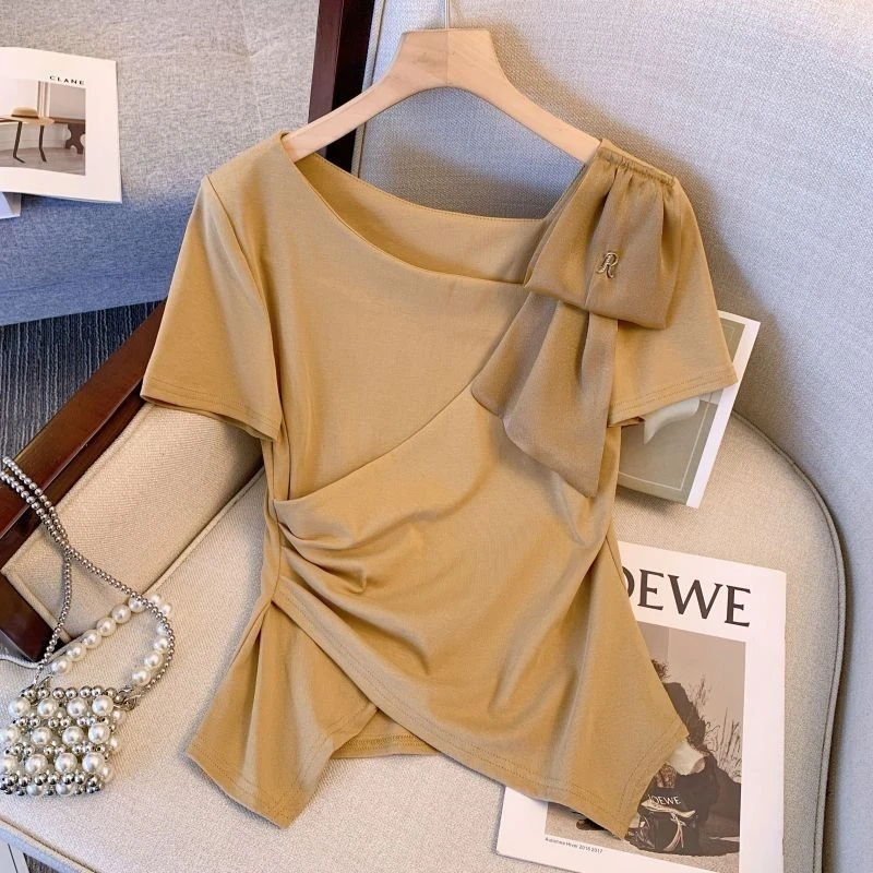 不规则斜领设计感短袖T恤女洋气夏季新款大码胖mm显瘦上衣ins潮