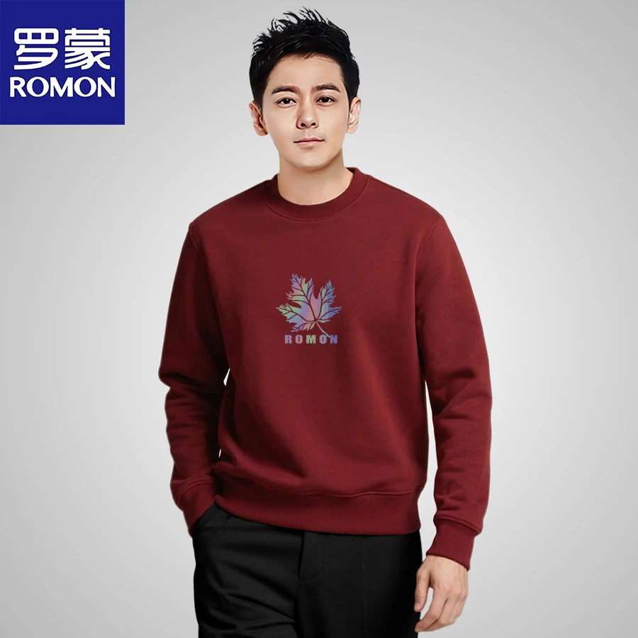 Romon/罗蒙秋季外套男圆领打底卫衣休闲时尚印花男士套头长袖上衣