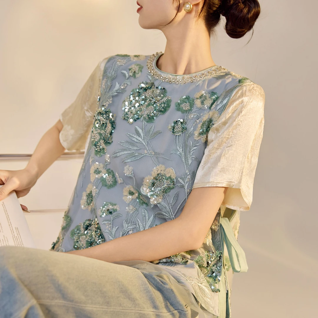 新中式轻国风圆领重工亮片刺绣珠绣背心女领口钉珠工艺马甲 N5067